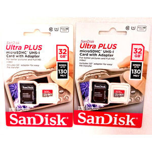 2 New! SanDisk Ultra Plus Speed 130, microSDHC UHS-1 Card w Adapter